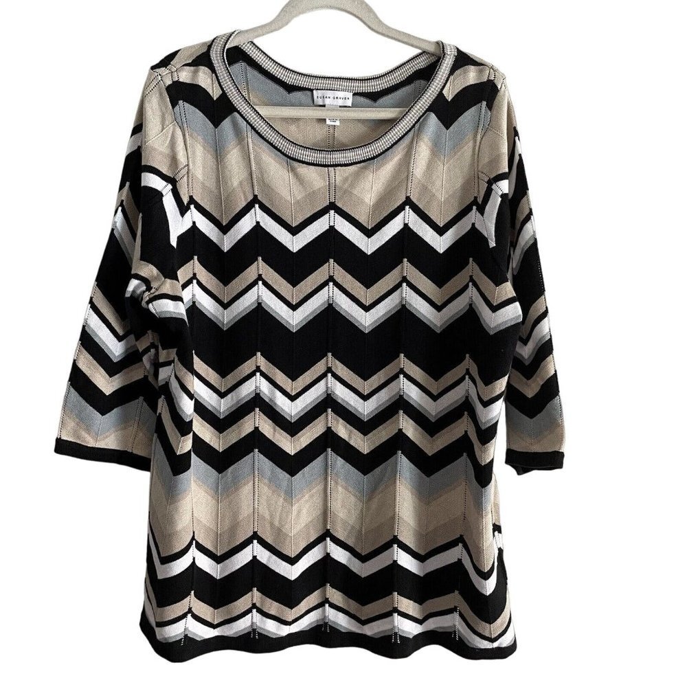 Susan Graver 2X Neutral Chevron Stripe Cotton Blend 3/4 Sleeves Pullover Sweater